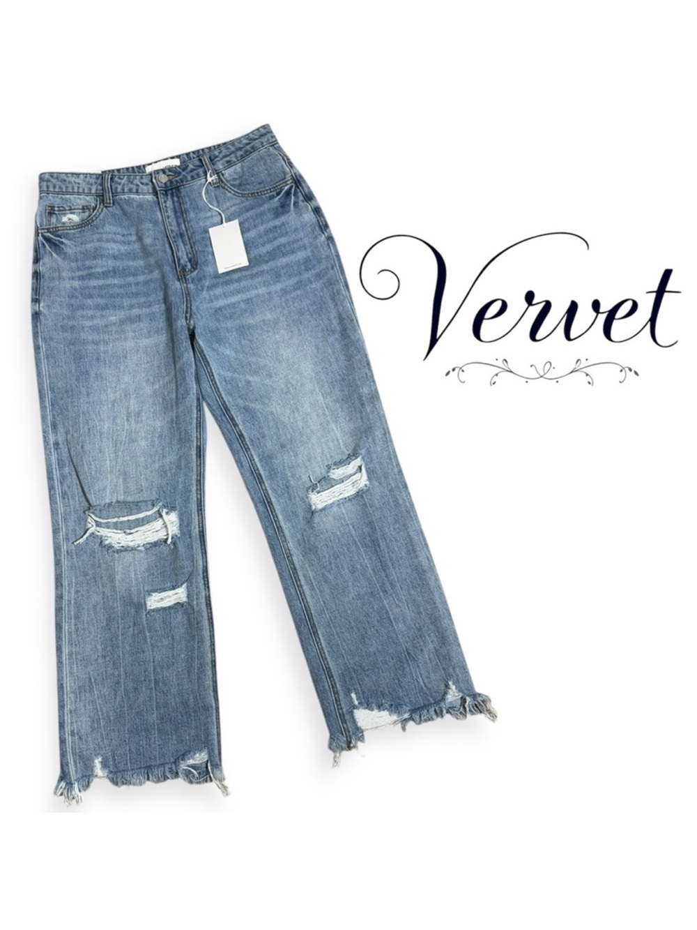 Vervet Crystal 90s Vintage Raw Hem Distressed Straight Leg Jeans 100% Cotton 30 - Picture 2 of 8